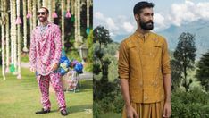 two men dressed in colorful clothing standing next to each other on the same side of an outdoor area