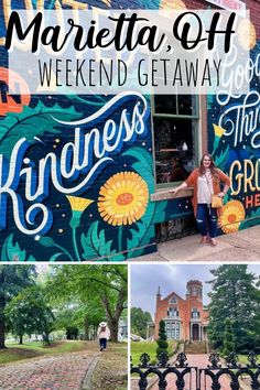 a woman standing in front of a colorful building with the words,'martha o'weekend