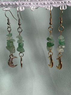 -Green Aventurine Dangle Earrings -Pick between gold/silver hardware -Half-moon charms -2.4 inches long -Handmade Cheap Hippie Dangle Jewelry, Cheap Earthy Dangle Earrings, Cheap Green Spiritual Earrings, Cheap Witchy Dangle Jewelry, Crystal Rock Earrings, Green Dangle Jewelry With Moon Charm, Diy Dangle Earrings Ideas, Moon Earrings Silver, Crystals Earrings