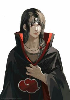 an anime character with long hair wearing a black coat and red hoodie, holding his hands together