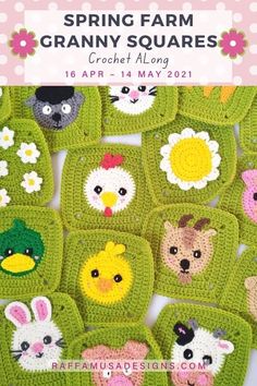 crochet pattern for granny's farm square coasters with animals and flowers on them