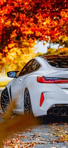 a white sports car parked in front of some trees