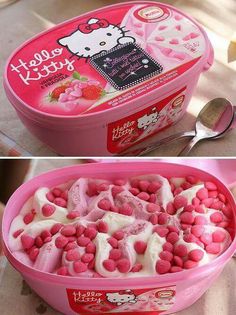 two pictures of hello kitty ice cream with pink and white toppings in a bowl