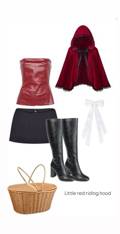 four different types of clothes and accessories including boots, skirt, cape, purse, belt