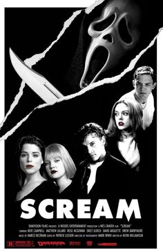 a movie poster with the words scream on it and two people holding scissors in front of them