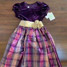 Holiday Dress With Purple Velvet Top And Multicolored Over Half; Short Sleeved... Midi Length Purple Short Sleeve Dress For Dress-up Events, Purple Short Sleeve Dress Up Dresses, Purple Velvet Top, Girls Yellow Dress, Formal Lace Dress, Sleeveless Flower Girl Dresses, Jean Dresses, Red Plaid Dress, Dresses Holiday