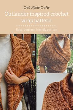 a woman wearing an orange knitted shawl with the words outlander inspired crochet wrap pattern