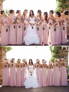 the bride and her bridal party are posing for pictures