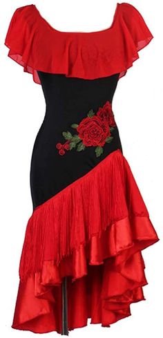 a red and black dress with roses on the bottom, asymmetrically designed