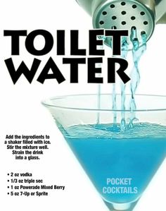 a magazine cover with a blue liquid being poured into a martini glass and the words toilet water written below it