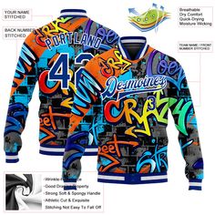 Custom Graffiti Pattern Royal-White Geometric 3D Bomber Full-Snap Varsity Letterman Jacket Graffiti Pattern, Varsity Letterman Jackets, Geometric 3d, Logo Wear, Cheap Jacket, Orange Texas, Letterman Jacket, Jacket Pattern, Logo Color