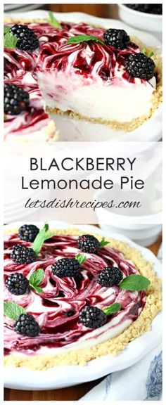 a blackberry lemonade pie with fresh blackberries on top is shown in two different views