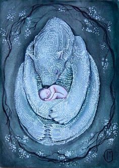 a painting of a baby wrapped in a blanket with water droplets on the ground and branches around it