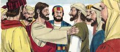 a drawing of jesus talking to the men who are dressed up in red and yellow robes