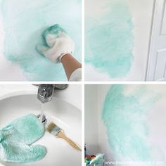 the process of painting a bathroom wall with blue and green paint, including cleaning gloves