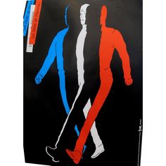 two men walking down the street in red, white and blue colors on a black background