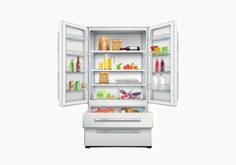 an open refrigerator with the door wide open and food in it's drawer, on a white background