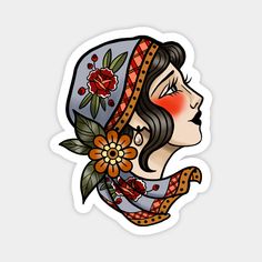 a sticker with an image of a woman's face and flowers on it