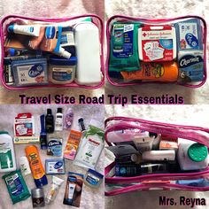 travel size road trip essentials in pink bag on bed with text overlay that reads, travel size road trip essentials