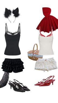 an assortment of women's clothing and accessories