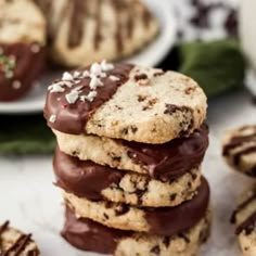 chocolate - covered cookies are stacked on top of each other, with more cookies in the background