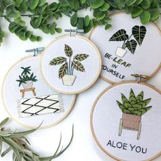 three embroidered hoops with plants on them and the words, be me in yourself