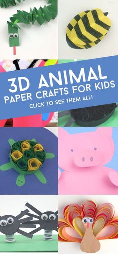 Get inspired with this collection of 3D paper crafts for kids to make. These 3D craft ideas are perfect for the classroom or at home. Kid of all ages, especially preschool, will enjoy creating with an inexpensive craft supply like construction paper. #3d #paper #craftsforkids #twitchetts Diy 3d Animals, 3d Activities For Preschool, 3d Art For Toddlers, 3d Crafts For Preschoolers, 3d Animals Craft, Jungle Animal Crafts, Animal Crafts Preschool