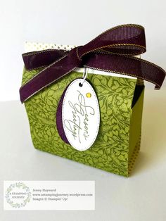 This Gift Bag is so easy to make.  Follow along with the video.  This one uses the Stampin' Up! Season of Green and Gold Specialty Paper but check out to see the others.