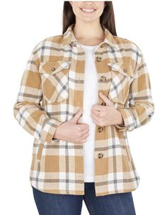 MEMBER'S MARK WOMEN'S PLAID BUTTON FRONT SHACKET Size Large Color Camel Plaid Staying warm and looking great this fall will be easy in this cozy plaid shirt jacket for ladies. Effortless and versatile, it's the perfect jacket for looking polished around town, raking the leaves, or just sipping hot cocoa by the campfire. These casual shackets are designed to be worn as a layering piece over a top or shirt. Casual, Easy layering shirt-jacket for cooler temps Button front placket Button flap chest Layering Jacket, Plaid Shacket, Sleeveless Sweater Vest, Cropped Blazer Jacket, Tan Plaid, Members Mark, Layered Shirts, Boucle Jacket, Lululemon Jacket