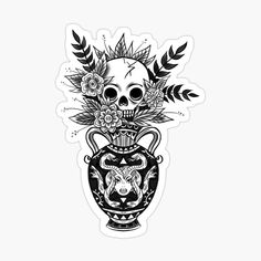 a black and white drawing of a skull in a vase with flowers on its head