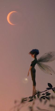 a fairy standing on top of a tree branch with the moon in the sky behind it