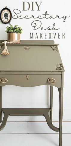 an old desk is transformed into a makeover with chalk paint and stencils