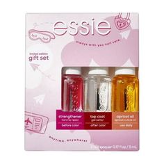 essie Always With You Nail Care Kit - a nail polish kit that includes a high shine top coat, a strengthener and a cuticle oil. the perfect compliment to any essie nail polish color. Hard To Resist Nail Strengthener - instant nail strength and resistance. wear on bare nails for 3 days before removal for optimal results. Gel Setter Top Coat- high shine clear nail polish top coat that provides a plumped gel-like finish and protects against chips. Apricot Cuticle Oil- quick absorbing apricot nail an Essie Gel Nail Polish, Holiday Nail Polish, Best Nail Polish Brands, Essie Nail Polish Colors, Nail Polish Gift Set, Quick Dry Nail Polish, Nail Polish Gift, Instant Nails, Cute Nail Polish