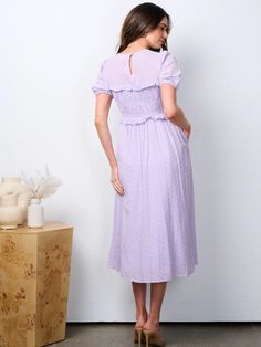 church dress Lavender Midi Dress With Ruffles, Lavender Spring Dress With Smocked Back, Lavender Dress With Smocked Back For Spring, Lavender Dresses With Smocked Back For Spring, Purple Midi Dress With Smocked Bodice, Solid Color Midi Smocked Dress For Spring, Flowy Lavender Midi Dress, Spring Solid Midi Dress With Gathered Neckline, Lavender Midi Dress For Daywear