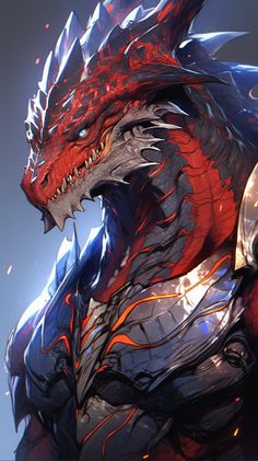 a red and blue dragon is standing in front of the sky