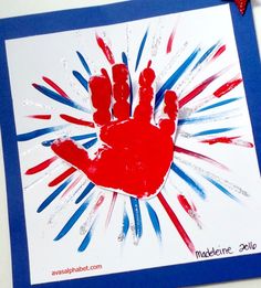 a red, white and blue handprint on a card