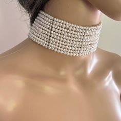 ‼️This choker has been upgraded from acrylic pearls to beautiful shell pearls and rhinestones clasp! ‼️ Introducing our exquisite 10 layers multi strand bridal necklace, designed to add a touch of elegance to your special day. Handcrafted with meticulous attention to detail, this stunning necklace showcases a  blend of 4 and 5 small pearls, creating a harmonious balance of charm and sophistication. Made using 4 and 5mm beautiful shell pearls and platinum plated or gold plated brass rhinestones c Beaded Pearl Bridal Necklace For Party, Evening Pearl Embellished Choker Jewelry, White Choker Jewelry For Evening, Beaded Pearl Necklace For Party, Party Pearl Necklace With Beaded Details, Pearl White Choker With Pearl Chain For Party, Pearl White Beaded Pearl Necklace For Party, Party Pearl White Beaded Choker, Pearl White Beaded Choker For Party