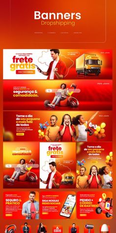 an orange and red web page with many different images