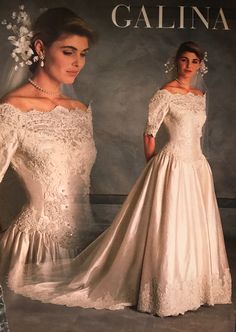 two women in wedding gowns, one wearing an off the shoulder dress