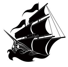 a black and white silhouette of a sailing ship with flags on it's sails