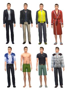 six different poses of men in various clothes and colors for the male character, from left to right