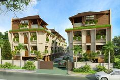 an artist's rendering of two apartment buildings with plants growing on the balconies