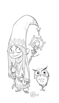 a drawing of an owl and a gnome