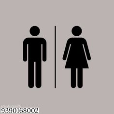 a man and woman standing next to each other in front of a bathroom door sign