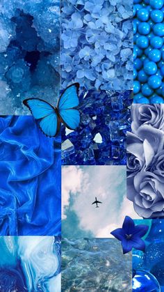 a collage of blue and white images with flowers, butterflies, and water droplets