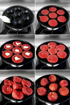 four images show the process of making hot dogs and hamburger patties in a cast iron skillet