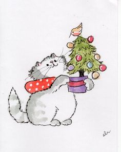 a drawing of a cat holding a christmas tree