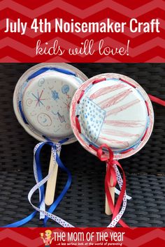 two paper plates with red, white and blue designs on them