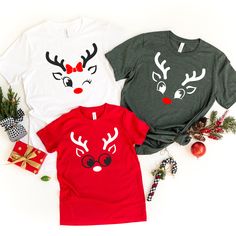 This Matching Reindeer Face Christmas Shirt is the best for Holiday Gift                                                      ⭐  HOW TO ORDER   ⭐  1-) Please check all the photos from the listing. 2-) Please choose your shirt size and color. (Shirt sizes are shown on the listing photos) 3-) Please choose your quantity. 4-) Click add to cart. If you would like to order more than one shirt, you can easily go back to the listing and do the same thing for the other shirts you would like to purchase. 5-) Then please click Proceed to checkout. You are all set !                                                    ⭐  FABRICATION  ⭐  ⭐⭐ Our product distrubutor BELLA + CANVAS  is well known for their soft, and comfy clothing.  Our solid colors are:  White Black Red Pink Kelly %100 ring-spun cotton. Christmas Shirts Raindeer For Family, Cricut Christmas Shirts Reindeer, Reindeer Shirts For Kids, Family Reindeer Shirts, Christmas Shirt Gift Sets, Reindeer Shirt, Reindeer Face, Xmas Shirts, Red Nose