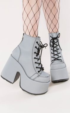 CAMEL-203 Grey Reflective Ankle Boots-Demonia-Tragic Beautiful Platform Lace Up Boots, Boots Rainbow, Alt Shoes, Platforms Boots, Punk Festival, Rainbow Festival, Demonia Boots, Goth Shoes, Goth Boots